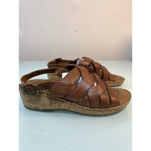 Born Women's Size 8 Brown Leather Woven Slingback Cork Wedge Sandals